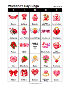 Valentine's Day Bingo Card #0016. Free printable Valentine's Day bingo cards for kids with colorful Valentine's Day pictures and words, perfect for preschool activities, classrooms, school parties, family activities, Valentine's Day parties, and seasonal games. PDF and PNG downloads.