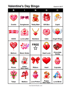 Valentine's Day Bingo Card #0017. Free printable Valentine's Day bingo cards for kids with colorful Valentine's Day pictures and words, perfect for preschool activities, classrooms, school parties, family activities, Valentine's Day parties, and seasonal games. PDF and PNG downloads.