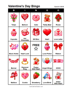Valentine's Day Bingo Card #0018. Free printable Valentine's Day bingo cards for kids with colorful Valentine's Day pictures and words, perfect for preschool activities, classrooms, school parties, family activities, Valentine's Day parties, and seasonal games. PDF and PNG downloads.