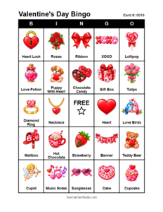 Valentine's Day Bingo Card #0019. Free printable Valentine's Day bingo cards for kids with colorful Valentine's Day pictures and words, perfect for preschool activities, classrooms, school parties, family activities, Valentine's Day parties, and seasonal games. PDF and PNG downloads.