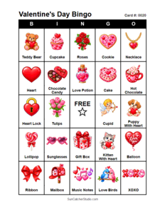 Valentine's Day Bingo Card #0020. Free printable Valentine's Day bingo cards for kids with colorful Valentine's Day pictures and words, perfect for preschool activities, classrooms, school parties, family activities, Valentine's Day parties, and seasonal games. PDF and PNG downloads.