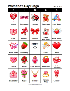 Valentine's Day Bingo Card #0021. Free printable Valentine's Day bingo cards for kids with colorful Valentine's Day pictures and words, perfect for preschool activities, classrooms, school parties, family activities, Valentine's Day parties, and seasonal games. PDF and PNG downloads.