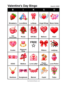 Valentine's Day Bingo Card #0022. Free printable Valentine's Day bingo cards for kids with colorful Valentine's Day pictures and words, perfect for preschool activities, classrooms, school parties, family activities, Valentine's Day parties, and seasonal games. PDF and PNG downloads.