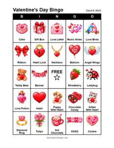 Valentine's Day Bingo Card #0023. Free printable Valentine's Day bingo cards for kids with colorful Valentine's Day pictures and words, perfect for preschool activities, classrooms, school parties, family activities, Valentine's Day parties, and seasonal games. PDF and PNG downloads.