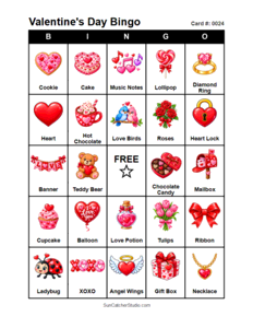 Valentine's Day Bingo Card #0024. Free printable Valentine's Day bingo cards for kids with colorful Valentine's Day pictures and words, perfect for preschool activities, classrooms, school parties, family activities, Valentine's Day parties, and seasonal games. PDF and PNG downloads.