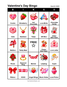 Valentine's Day Bingo Card #0025. Free printable Valentine's Day bingo cards for kids with colorful Valentine's Day pictures and words, perfect for preschool activities, classrooms, school parties, family activities, Valentine's Day parties, and seasonal games. PDF and PNG downloads.