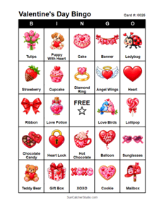 Valentine's Day Bingo Card #0026. Free printable Valentine's Day bingo cards for kids with colorful Valentine's Day pictures and words, perfect for preschool activities, classrooms, school parties, family activities, Valentine's Day parties, and seasonal games. PDF and PNG downloads.