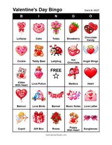 Valentine's Day Bingo Card #0027. Free printable Valentine's Day bingo cards for kids with colorful Valentine's Day pictures and words, perfect for preschool activities, classrooms, school parties, family activities, Valentine's Day parties, and seasonal games. PDF and PNG downloads.