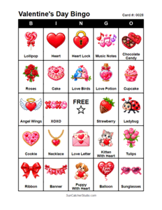 Valentine's Day Bingo Card #0028. Free printable Valentine's Day bingo cards for kids with colorful Valentine's Day pictures and words, perfect for preschool activities, classrooms, school parties, family activities, Valentine's Day parties, and seasonal games. PDF and PNG downloads.