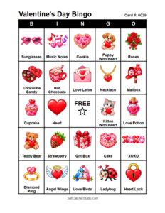 Valentine's Day Bingo Card #0029. Free printable Valentine's Day bingo cards for kids with colorful Valentine's Day pictures and words, perfect for preschool activities, classrooms, school parties, family activities, Valentine's Day parties, and seasonal games. PDF and PNG downloads.