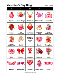 Valentine's Day Bingo Card #0030. Free printable Valentine's Day bingo cards for kids with colorful Valentine's Day pictures and words, perfect for preschool activities, classrooms, school parties, family activities, Valentine's Day parties, and seasonal games. PDF and PNG downloads.