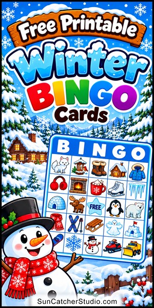Free printable Winter Bingo Cards for kids with colorful cartoon Winter pictures and words, perfect for classrooms, preschool, school parties, family games, and winter activities. DIY. PDF and PNG downloads.