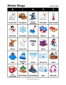 Winter Bingo Card #0001. Free printable winter bingo cards for kids with colorful winter pictures and words, perfect for preschool activities, classrooms, school parties, family activities, winter parties, and seasonal games. PDF and PNG downloads.