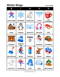 Winter Bingo Card #0002. Free printable winter bingo cards for kids with colorful winter pictures and words, perfect for preschool activities, classrooms, school parties, family activities, winter parties, and seasonal games. PDF and PNG downloads.