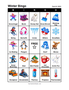 Winter Bingo Card #0003. Free printable winter bingo cards for kids with colorful winter pictures and words, perfect for preschool activities, classrooms, school parties, family activities, winter parties, and seasonal games. PDF and PNG downloads.