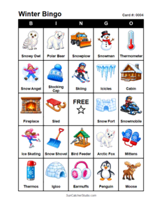 Winter Bingo Card #0004. Free printable winter bingo cards for kids with colorful winter pictures and words, perfect for preschool activities, classrooms, school parties, family activities, winter parties, and seasonal games. PDF and PNG downloads.