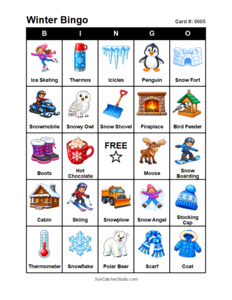 Winter Bingo Card #0005. Free printable winter bingo cards for kids with colorful winter pictures and words, perfect for preschool activities, classrooms, school parties, family activities, winter parties, and seasonal games. PDF and PNG downloads.