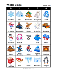 Winter Bingo Card #0006. Free printable winter bingo cards for kids with colorful winter pictures and words, perfect for preschool activities, classrooms, school parties, family activities, winter parties, and seasonal games. PDF and PNG downloads.