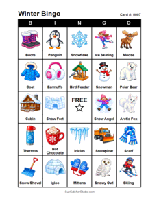 Winter Bingo Card #0007. Free printable winter bingo cards for kids with colorful winter pictures and words, perfect for preschool activities, classrooms, school parties, family activities, winter parties, and seasonal games. PDF and PNG downloads.