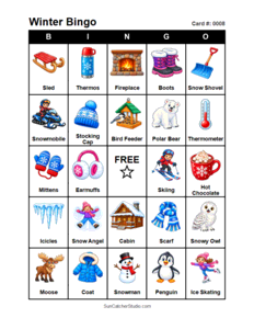Winter Bingo Card #0008. Free printable winter bingo cards for kids with colorful winter pictures and words, perfect for preschool activities, classrooms, school parties, family activities, winter parties, and seasonal games. PDF and PNG downloads.