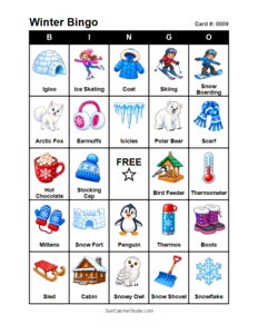 Winter Bingo Card #0009. Free printable winter bingo cards for kids with colorful winter pictures and words, perfect for preschool activities, classrooms, school parties, family activities, winter parties, and seasonal games. PDF and PNG downloads.