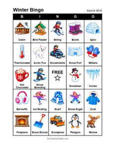 Winter Bingo Card #0010. Free printable winter bingo cards for kids with colorful winter pictures and words, perfect for preschool activities, classrooms, school parties, family activities, winter parties, and seasonal games. PDF and PNG downloads.