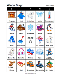 Winter Bingo Card #0011. Free printable winter bingo cards for kids with colorful winter pictures and words, perfect for preschool activities, classrooms, school parties, family activities, winter parties, and seasonal games. PDF and PNG downloads.