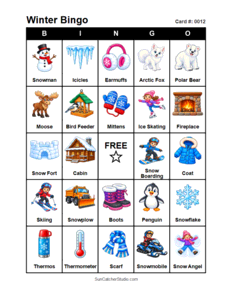 Winter Bingo Card #0012. Free printable winter bingo cards for kids with colorful winter pictures and words, perfect for preschool activities, classrooms, school parties, family activities, winter parties, and seasonal games. PDF and PNG downloads.