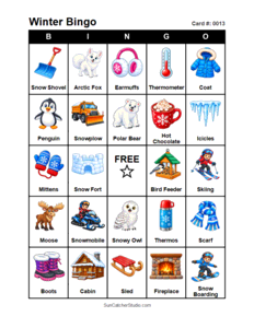 Winter Bingo Card #0013. Free printable winter bingo cards for kids with colorful winter pictures and words, perfect for preschool activities, classrooms, school parties, family activities, winter parties, and seasonal games. PDF and PNG downloads.