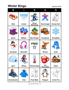 Winter Bingo Card #0014. Free printable winter bingo cards for kids with colorful winter pictures and words, perfect for preschool activities, classrooms, school parties, family activities, winter parties, and seasonal games. PDF and PNG downloads.