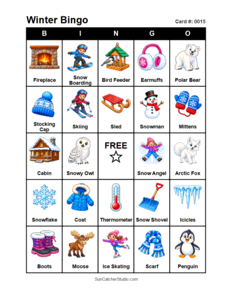 Winter Bingo Card #0015. Free printable winter bingo cards for kids with colorful winter pictures and words, perfect for preschool activities, classrooms, school parties, family activities, winter parties, and seasonal games. PDF and PNG downloads.
