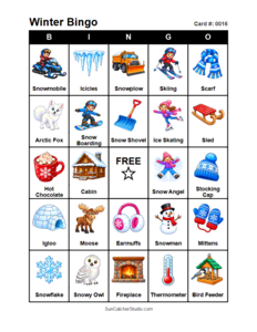 Winter Bingo Card #0016. Free printable winter bingo cards for kids with colorful winter pictures and words, perfect for preschool activities, classrooms, school parties, family activities, winter parties, and seasonal games. PDF and PNG downloads.