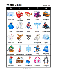 Winter Bingo Card #0017. Free printable winter bingo cards for kids with colorful winter pictures and words, perfect for preschool activities, classrooms, school parties, family activities, winter parties, and seasonal games. PDF and PNG downloads.