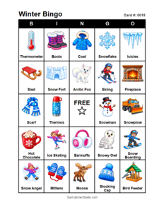 Winter Bingo Card #0018. Free printable winter bingo cards for kids with colorful winter pictures and words, perfect for preschool activities, classrooms, school parties, family activities, winter parties, and seasonal games. PDF and PNG downloads.