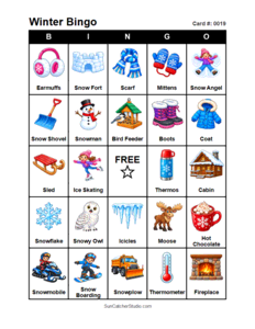 Winter Bingo Card #0019. Free printable winter bingo cards for kids with colorful winter pictures and words, perfect for preschool activities, classrooms, school parties, family activities, winter parties, and seasonal games. PDF and PNG downloads.