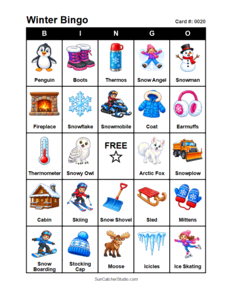 Winter Bingo Card #0020. Free printable winter bingo cards for kids with colorful winter pictures and words, perfect for preschool activities, classrooms, school parties, family activities, winter parties, and seasonal games. PDF and PNG downloads.