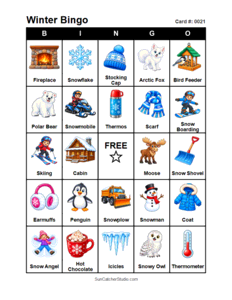Winter Bingo Card #0021. Free printable winter bingo cards for kids with colorful winter pictures and words, perfect for preschool activities, classrooms, school parties, family activities, winter parties, and seasonal games. PDF and PNG downloads.