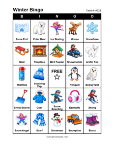 Winter Bingo Card #0022. Free printable winter bingo cards for kids with colorful winter pictures and words, perfect for preschool activities, classrooms, school parties, family activities, winter parties, and seasonal games. PDF and PNG downloads.