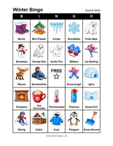 Winter Bingo Card #0023. Free printable winter bingo cards for kids with colorful winter pictures and words, perfect for preschool activities, classrooms, school parties, family activities, winter parties, and seasonal games. PDF and PNG downloads.