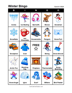 Winter Bingo Card #0024. Free printable winter bingo cards for kids with colorful winter pictures and words, perfect for preschool activities, classrooms, school parties, family activities, winter parties, and seasonal games. PDF and PNG downloads.