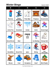 Winter Bingo Card #0025. Free printable winter bingo cards for kids with colorful winter pictures and words, perfect for preschool activities, classrooms, school parties, family activities, winter parties, and seasonal games. PDF and PNG downloads.