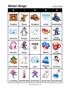 Winter Bingo Card #0026. Free printable winter bingo cards for kids with colorful winter pictures and words, perfect for preschool activities, classrooms, school parties, family activities, winter parties, and seasonal games. PDF and PNG downloads.
