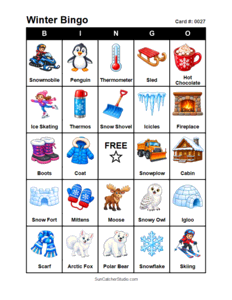 Winter Bingo Card #0027. Free printable winter bingo cards for kids with colorful winter pictures and words, perfect for preschool activities, classrooms, school parties, family activities, winter parties, and seasonal games. PDF and PNG downloads.