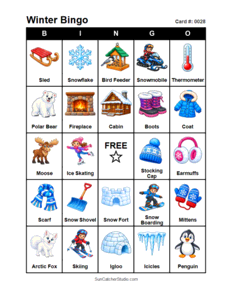 Winter Bingo Card #0028. Free printable winter bingo cards for kids with colorful winter pictures and words, perfect for preschool activities, classrooms, school parties, family activities, winter parties, and seasonal games. PDF and PNG downloads.
