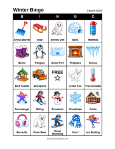 Winter Bingo Card #0029. Free printable winter bingo cards for kids with colorful winter pictures and words, perfect for preschool activities, classrooms, school parties, family activities, winter parties, and seasonal games. PDF and PNG downloads.