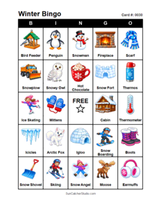 Winter Bingo Card #0030. Free printable winter bingo cards for kids with colorful winter pictures and words, perfect for preschool activities, classrooms, school parties, family activities, winter parties, and seasonal games. PDF and PNG downloads.
