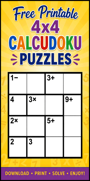Free printable 4x4 Calcudoku puzzle similar to KenKen for kids, beginners, classrooms, homeschooling, math practice, brain training, and DIY. PDF download with answer key.