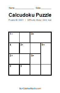 Puzzle #0001. Level: Easy. Print Size: Large Print. Printable 4x4 Calcudoku Puzzle. Free printable 4x4 large print Calcudoku puzzle for kids, adults, seniors, classrooms, homeschooling, and brain-training activities. Download the puzzle in PDF or PNG format, along with a separate answer key.