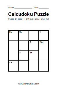Puzzle #0002. Level: Easy. Print Size: Large Print. Free Printable 4x4 Calcudoku Puzzle. Free printable 4x4 large print Calcudoku puzzle for kids, adults, seniors, classrooms, homeschooling, and brain-training activities. Download the puzzle in PDF or PNG format, along with a separate answer key.