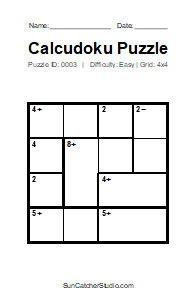 Puzzle #0003. Level: Easy. Print Size: Large Print. Beginner 4x4 Calcudoku Puzzle. Free printable 4x4 large print Calcudoku puzzle for kids, adults, seniors, classrooms, homeschooling, and brain-training activities. Download the puzzle in PDF or PNG format, along with a separate answer key.